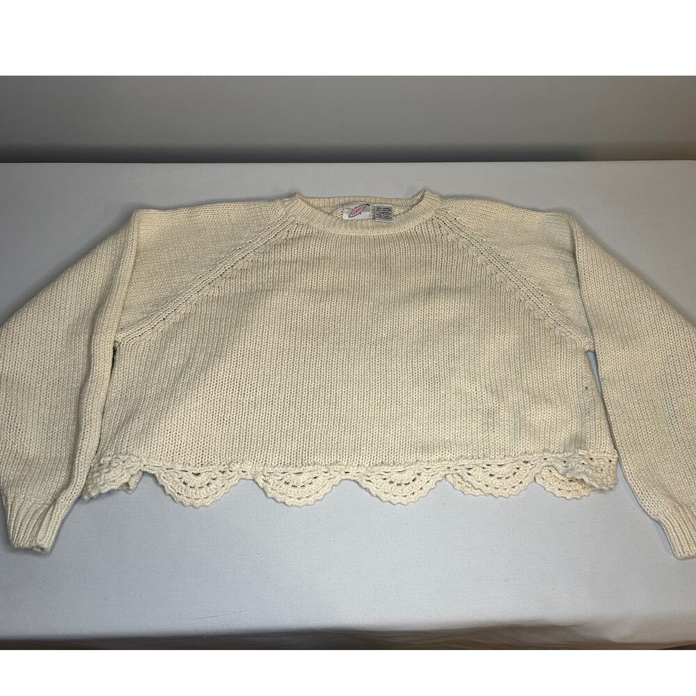 Vintage Pinwheels Ramie Cotton Off Shoulder Crochet Trim Sweater Cottagecore L